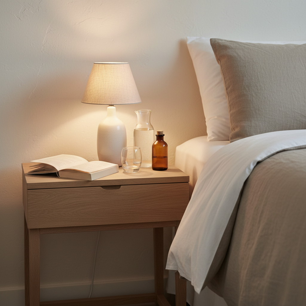 A styled bedside scene emphasizing cozy, restful living and simple nighttime rituals, featuring a light oak nightstand with a single slim drawer, beside a bed made with crisp white cotton sheets and a taupe linen duvet. On the nightstand, a petite ceramic lamp with a linen shade casts a soft, warm pool of light over an open hardcover book, a glass carafe with matching tumbler, and a small, label-free amber bottle. The wall behind is painted a warm white, with subtle texture. Photographic realism, captured from a close, slightly elevated angle with shallow depth of field, focusing on the objects while the bed fades gently out of focus. The mood is tranquil, intimate, and aspirationally cozy, ideal for a sophisticated home lifestyle blog.