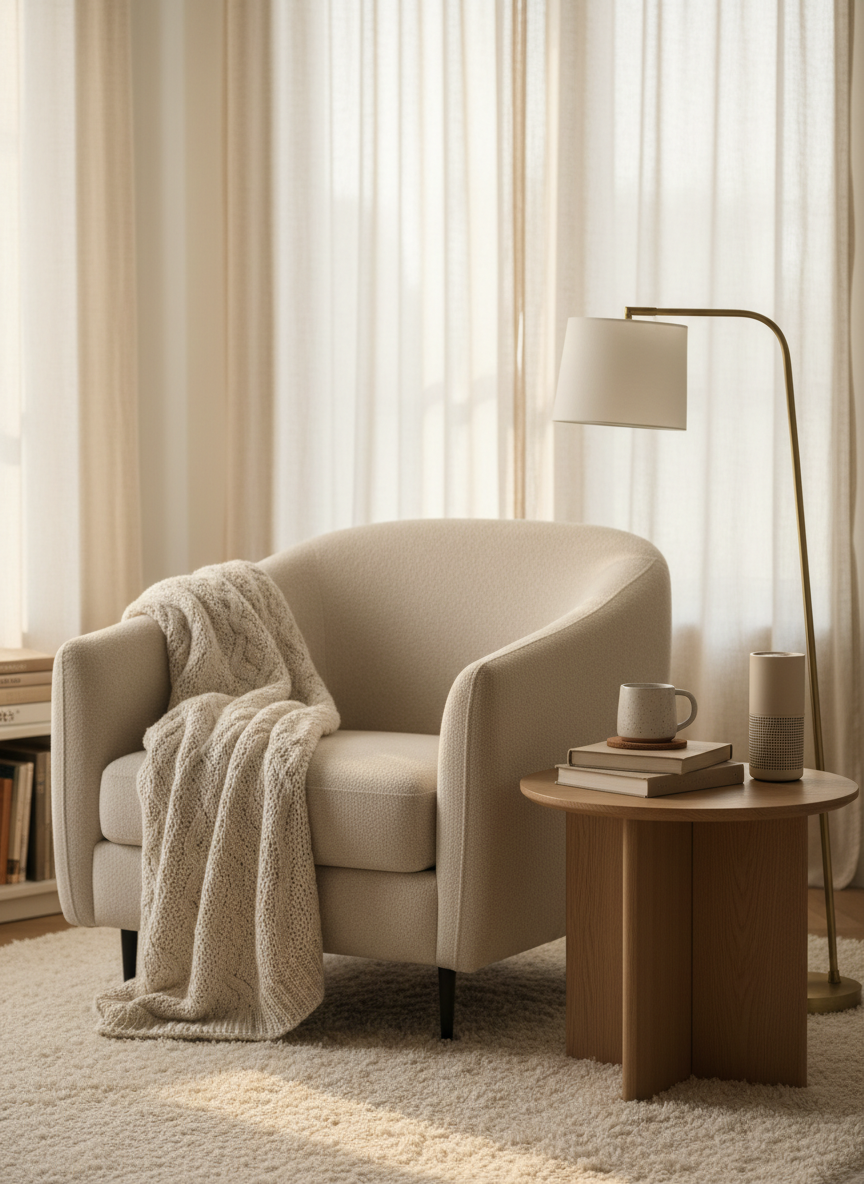 A cozy reading nook styled to highlight both comfort and practical home finds, with a deep armchair upholstered in textured boucle, angled beside a slender brass floor lamp and a round oak side table. On the table sits a small stack of neutral-toned books, a speckled stoneware mug on a cork coaster, and a single chic wireless speaker. A chunky knit throw cascades over the arm of the chair onto a soft wool rug. Late afternoon natural light filters through sheer curtains, casting delicate patterns and creating a warm, inviting glow. Photographic realism, shot at a three-quarter angle with the chair on the rule of thirds, shallow depth of field, and a calm, aspirational atmosphere perfect for Pinterest-worthy home lifestyle inspiration.