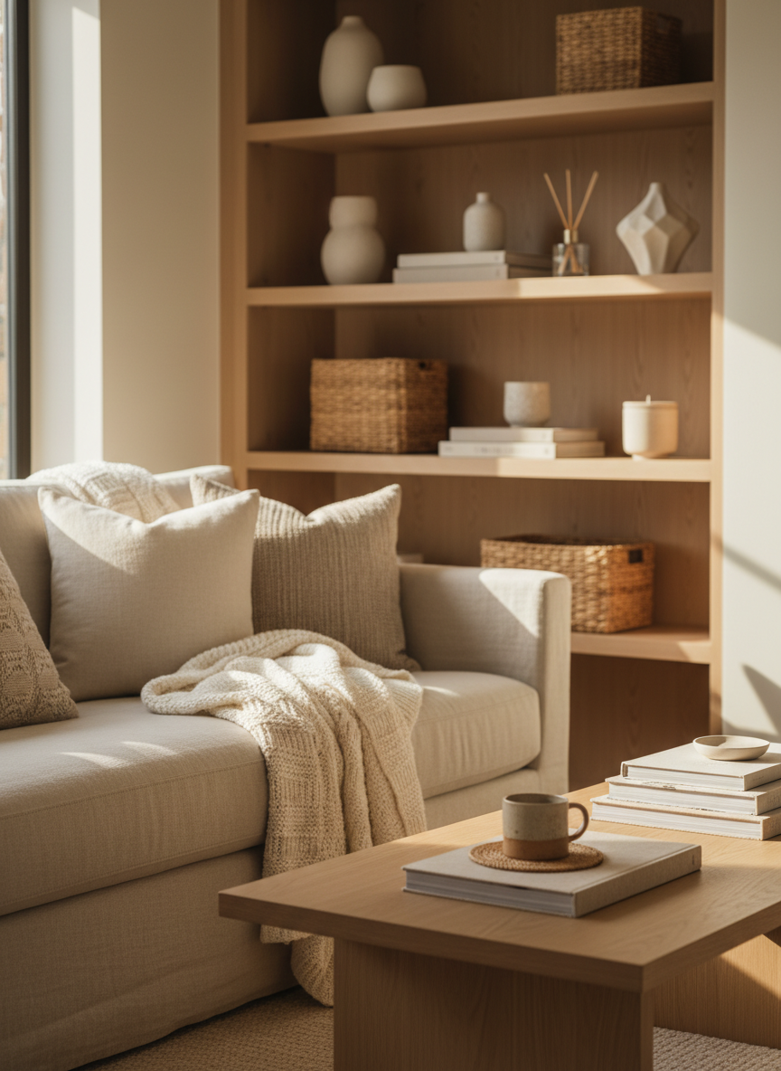 A warmly layered living room corner arranged for a home lifestyle blog hero image, featuring a low-profile linen sofa in soft oatmeal with plush knit throws and textured neutral pillows. A slim oak coffee table holds a stack of design books and a single ceramic mug on a woven coaster. Behind, built-in shelves display a curated mix of vases, baskets, and a few subtle, high-end home products. Soft afternoon natural light pours through an unseen window, creating gentle shadows and a golden, cozy glow. Photographic realism, shot at eye level with a shallow depth of field, keeping the foreground in crisp focus while the background softly blurs, conveying an aspirational yet attainable sense of calm, comfort, and sophisticated everyday living.